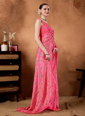 Pink colour beautiful satin ready to wear ethnic girlie saree 4