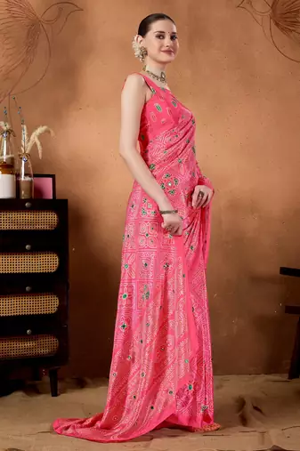 Pink colour beautiful satin ready to wear ethnic girlie saree