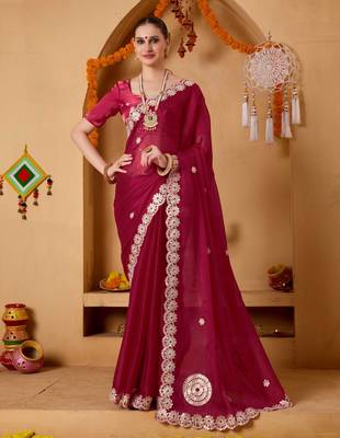 red colour beautiful tissue ready to wear ethnic girlie saree 1