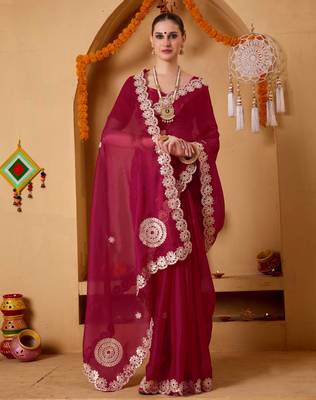 red colour beautiful tissue ready to wear ethnic girlie saree 4