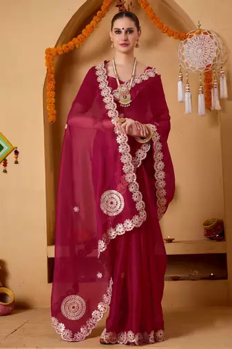 red colour beautiful tissue ready to wear ethnic girlie saree