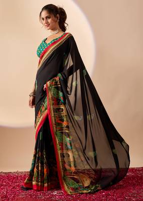 Black colour beautiful georgette ready to wear ethnic girlie saree 4