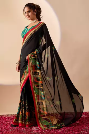 Black colour beautiful georgette ready to wear ethnic girlie saree