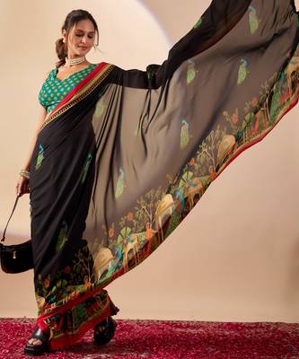 Black colour beautiful georgette ready to wear ethnic girlie saree 5