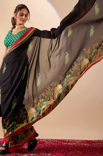 Black colour beautiful georgette ready to wear ethnic girlie saree