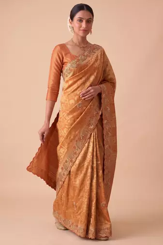rust color banarasi silk blend saree for beautiful show stopper wedding looks