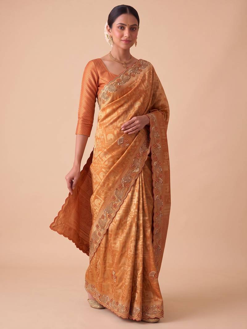 rust color banarasi silk blend saree for beautiful show stopper wedding looks
