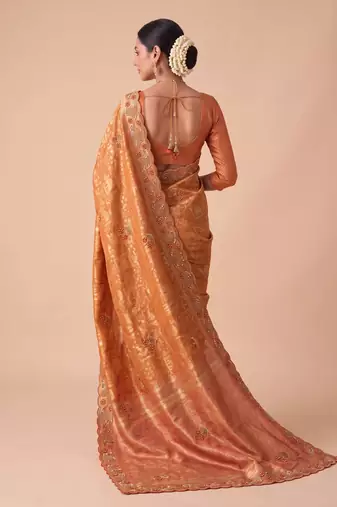 rust color banarasi silk blend saree for beautiful show stopper wedding looks