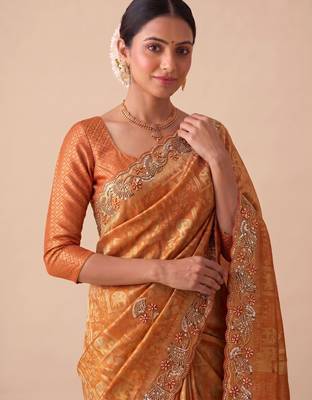 rust color banarasi silk blend saree for beautiful show stopper wedding looks 3
