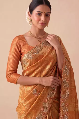 rust color banarasi silk blend saree for beautiful show stopper wedding looks