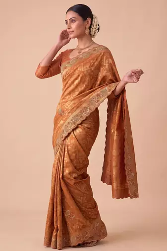 rust color banarasi silk blend saree for beautiful show stopper wedding looks