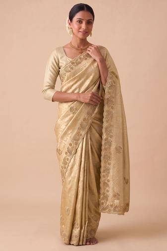 beige color banarasi silk blend saree for beautiful show stopper wedding looks