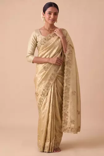 beige color banarasi silk blend saree for beautiful show stopper wedding looks