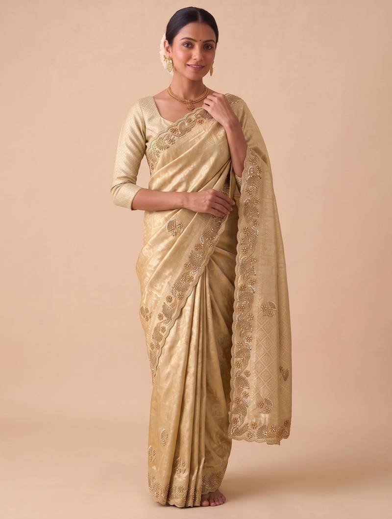 beige color banarasi silk blend saree for beautiful show stopper wedding looks