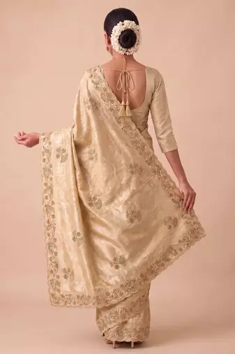 beige color banarasi silk blend saree for beautiful show stopper wedding looks