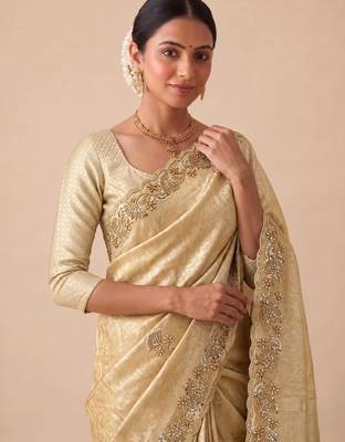 beige color banarasi silk blend saree for beautiful show stopper wedding looks 3