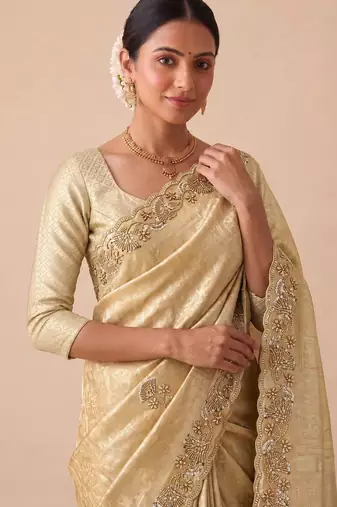 beige color banarasi silk blend saree for beautiful show stopper wedding looks