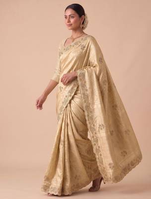 beige color banarasi silk blend saree for beautiful show stopper wedding looks 4