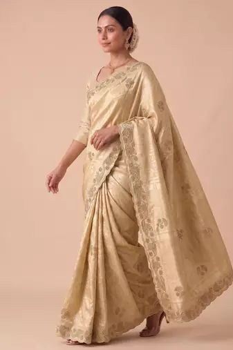 beige color banarasi silk blend saree for beautiful show stopper wedding looks