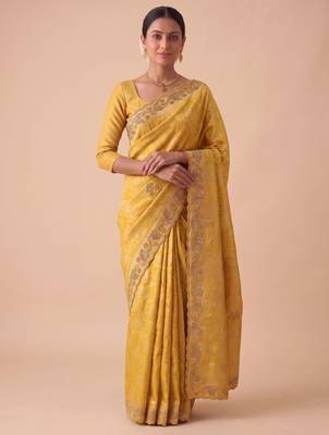 yellow color banarasi silk blend saree for beautiful show stopper wedding looks 1