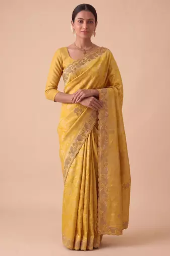 yellow color banarasi silk blend saree for beautiful show stopper wedding looks