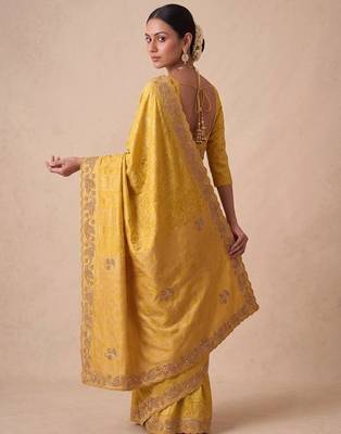 yellow color banarasi silk blend saree for beautiful show stopper wedding looks 2