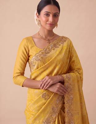 yellow color banarasi silk blend saree for beautiful show stopper wedding looks 3