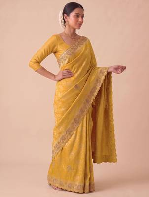 yellow color banarasi silk blend saree for beautiful show stopper wedding looks 4