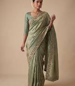 sea green color banarasi silk blend saree for beautiful show stopper wedding looks