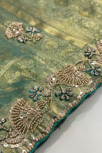 sea green color banarasi silk blend saree for beautiful show stopper wedding looks