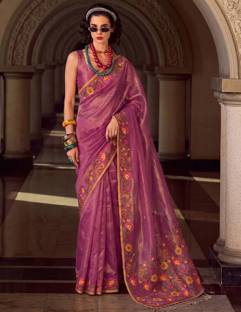 pink color smart floral embroidered tissue saree for festive looks
