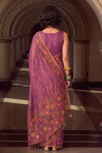 pink color smart floral embroidered tissue saree for festive looks
