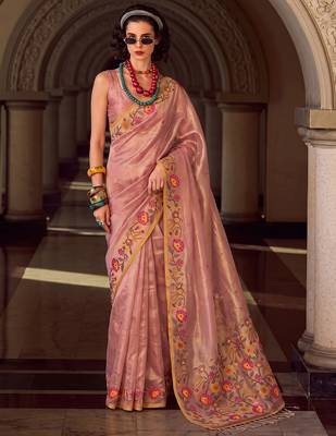 light pink color smart floral embroidered tissue saree for festive looks 1