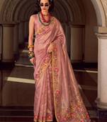 light pink color smart floral embroidered tissue saree for festive looks