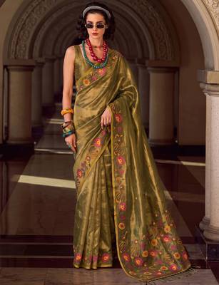 mahendi color smart floral embroidered tissue saree for festive looks 1