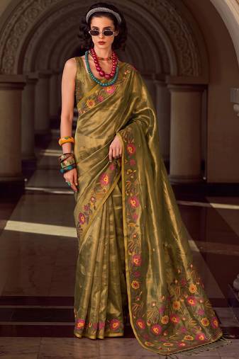 mahendi color smart floral embroidered tissue saree for festive looks