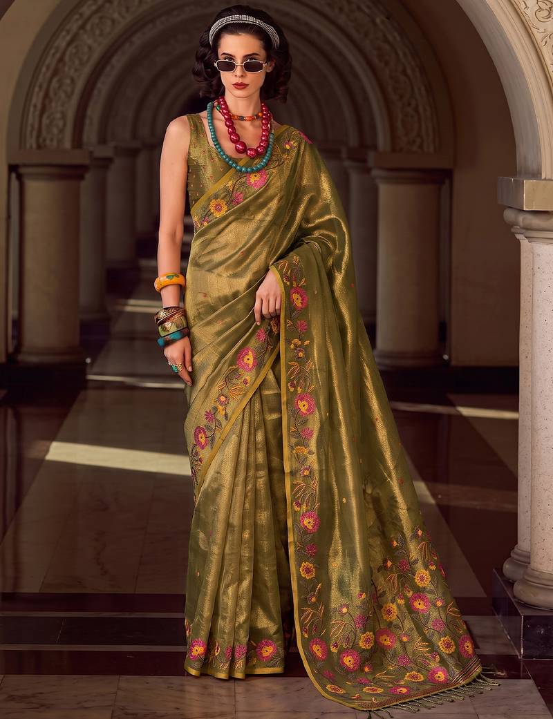 mahendi color smart floral embroidered tissue saree for festive looks