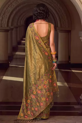 mahendi color smart floral embroidered tissue saree for festive looks