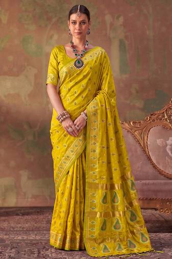 yellow color beautiful woven designer soft silk blend saree for festive rich looks