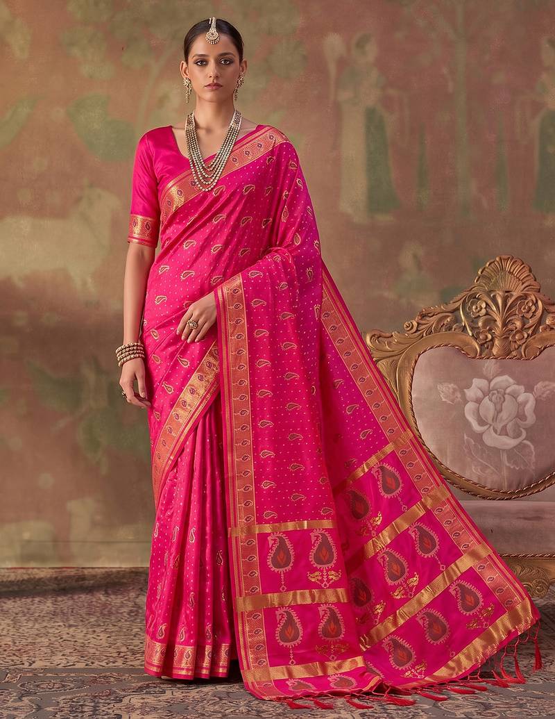 pink color beautiful woven designer soft silk blend saree for festive rich looks
