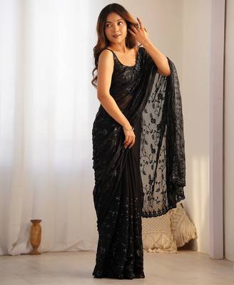 black color shimmer fabric bollywood looks sequins work saree 2