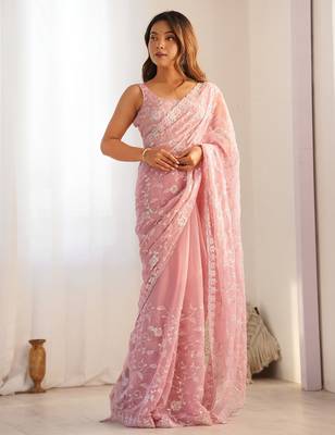 onion color shimmer fabric bollywood looks sequins work saree 1