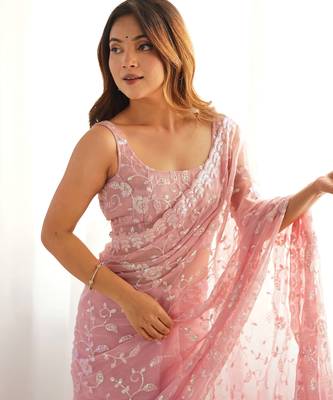 onion color shimmer fabric bollywood looks sequins work saree 2