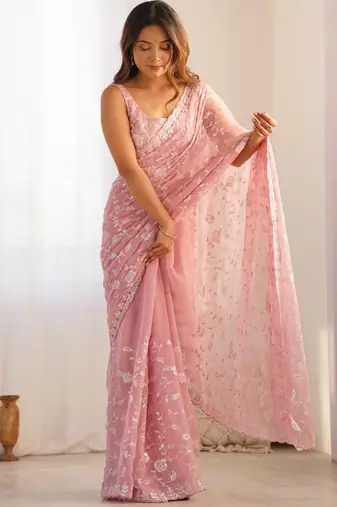 onion color shimmer fabric bollywood looks sequins work saree