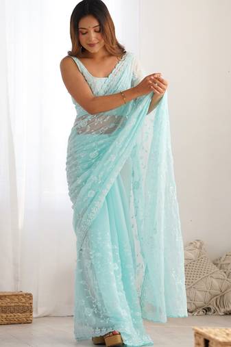 sky blue color shimmer fabric bollywood looks sequins work saree