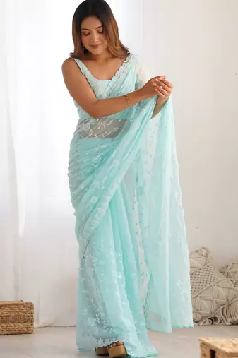 sky blue color shimmer fabric bollywood looks sequins work saree