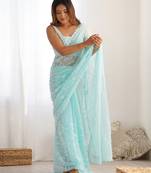 sky blue color shimmer fabric bollywood looks sequins work saree