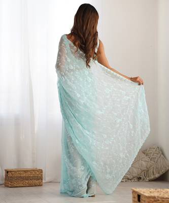 sky blue color shimmer fabric bollywood looks sequins work saree 2