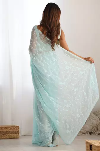 sky blue color shimmer fabric bollywood looks sequins work saree