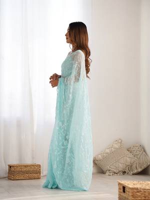 sky blue color shimmer fabric bollywood looks sequins work saree 4